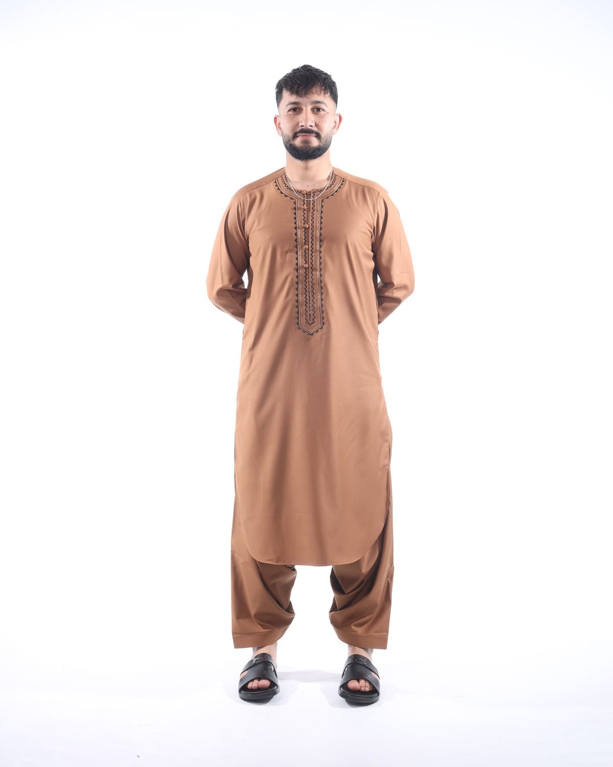 Light Brown Traditional Men's Outfit with Embroidered Design with Shawl