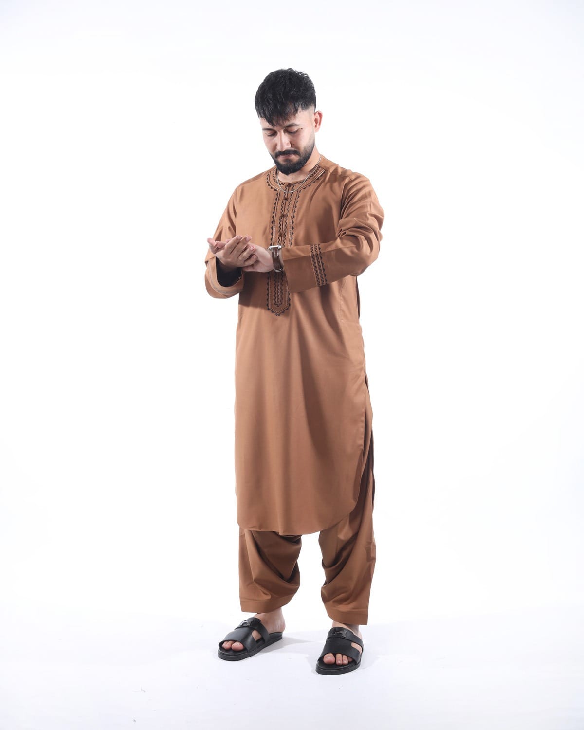 Light Brown Traditional Men's Outfit with Embroidered Design with Shawl