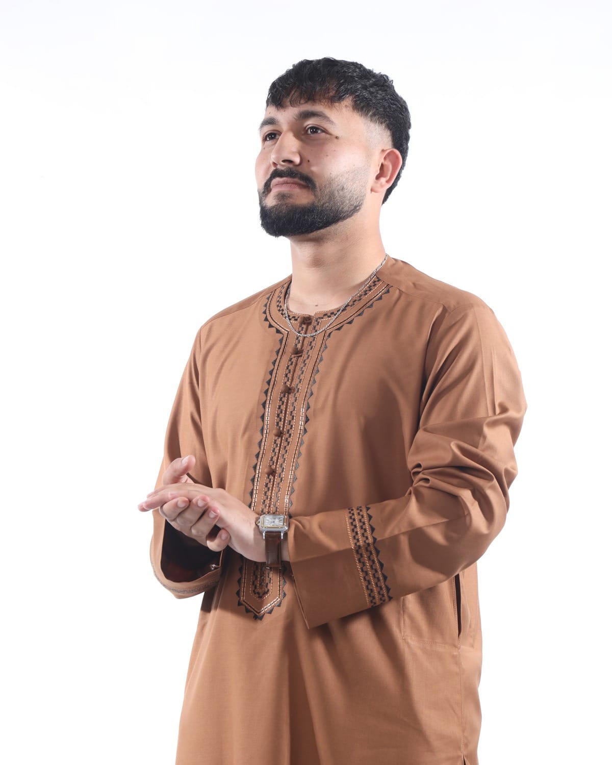 Light Brown Traditional Men's Outfit with Embroidered Design with Shawl