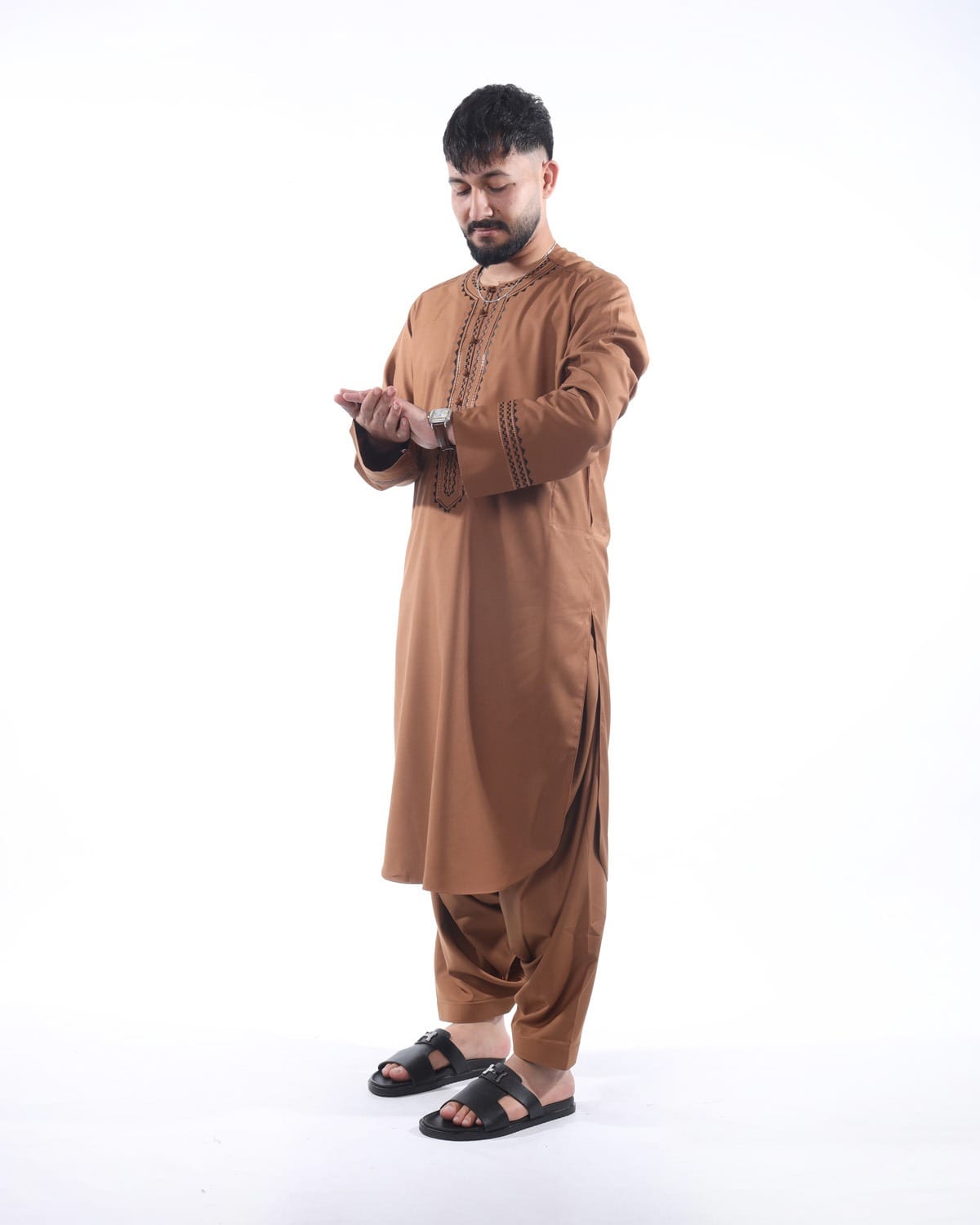 Light Brown Traditional Men's Outfit with Embroidered Design with Shawl