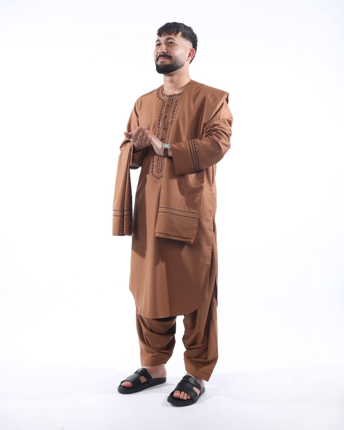 Light Brown Traditional Men's Outfit with Embroidered Design with Shawl