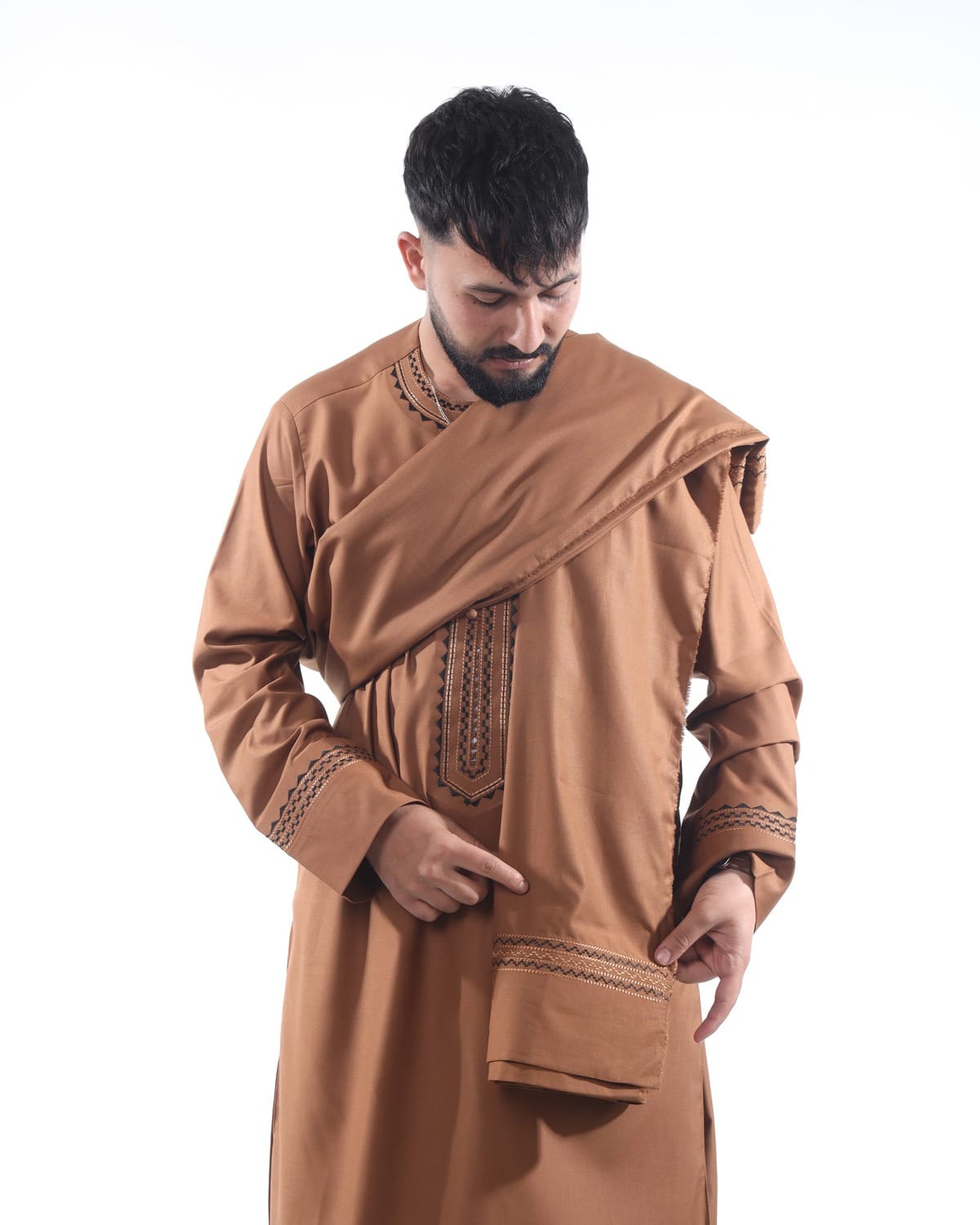 Light Brown Traditional Men's Outfit with Embroidered Design with Shawl