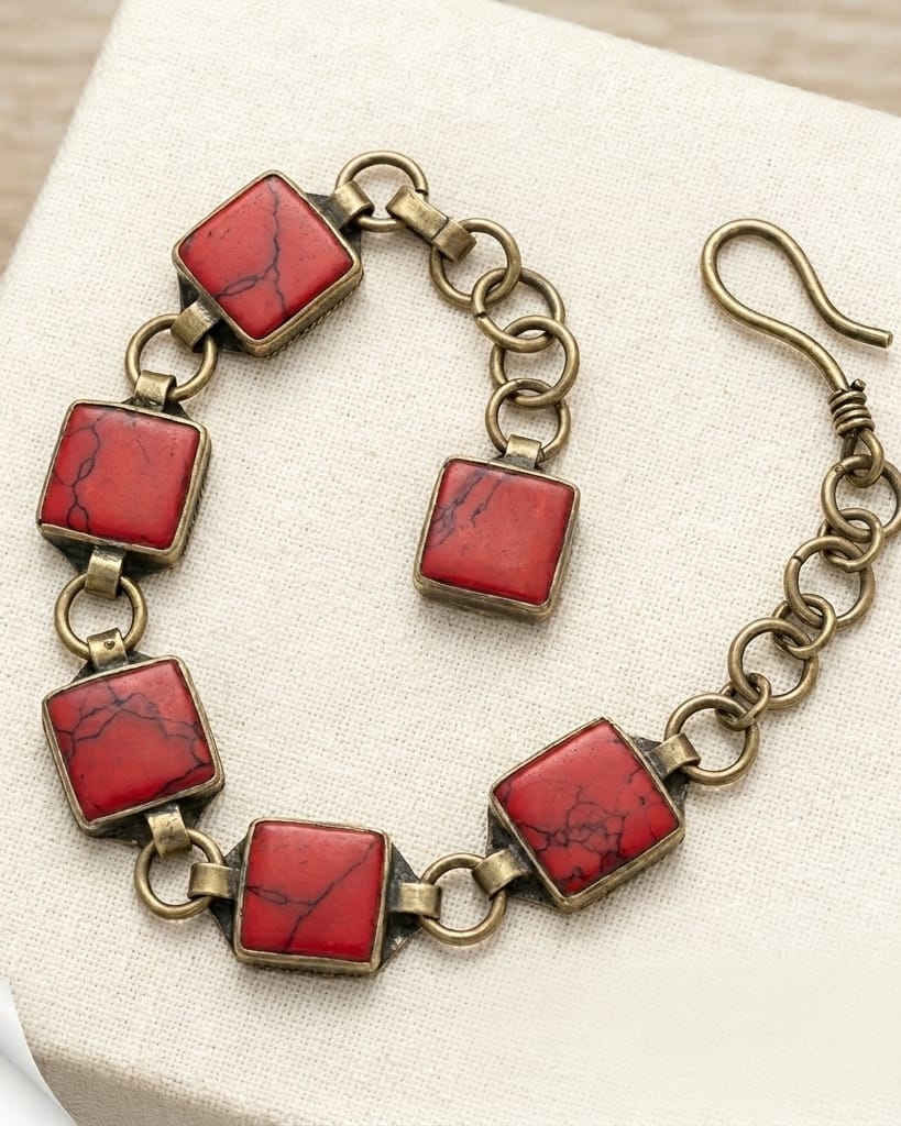 Antique Square Crimson Stone Link Bracelet