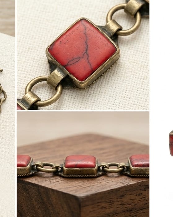 Antique Square Crimson Stone Link Bracelet
