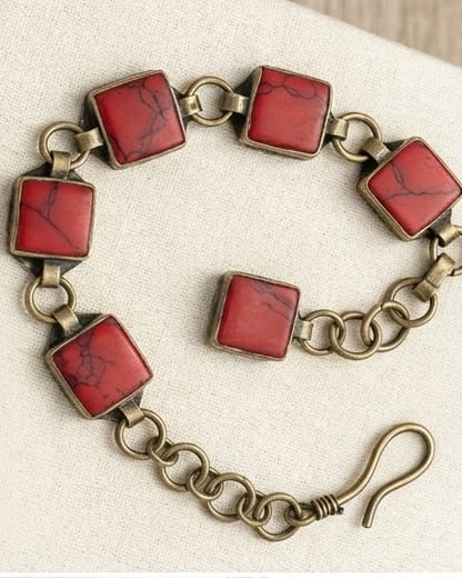 Antique Square Crimson Stone Link Bracelet