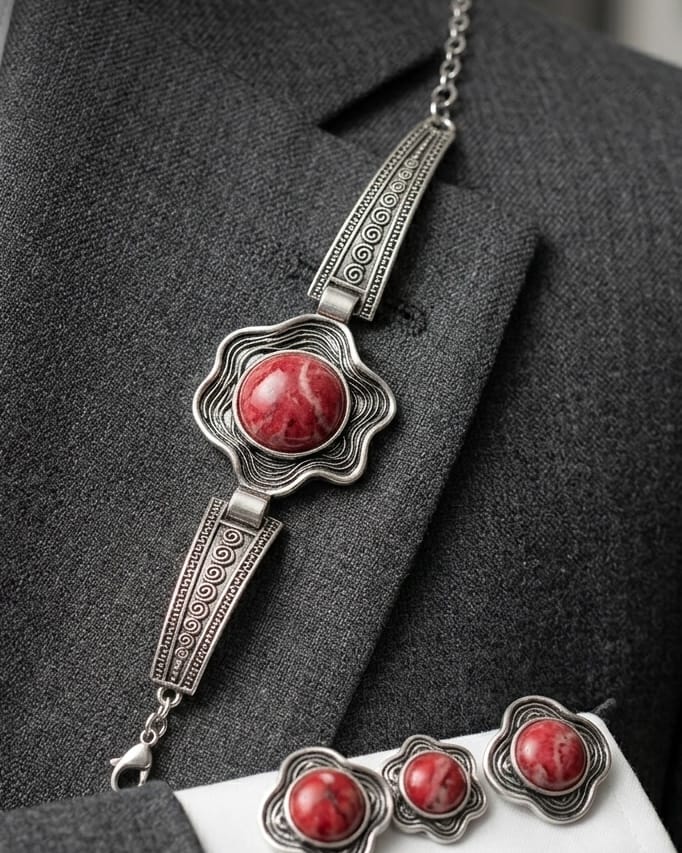 Antique  Crimson Stone Medallion Bracelet