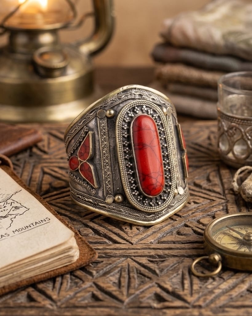 Antique Two-Tone Crimson Statement Cuff Bracelet