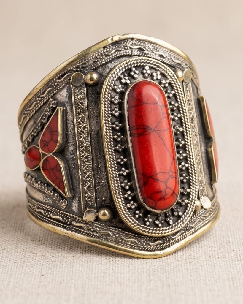 Antique Two-Tone Crimson Statement Cuff Bracelet