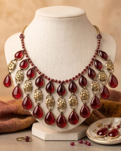 Vintage Ruby Flora Statement Necklace with Earrings
