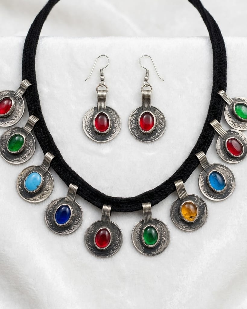 The Aura Gems Floral Bib Necklace With earrings