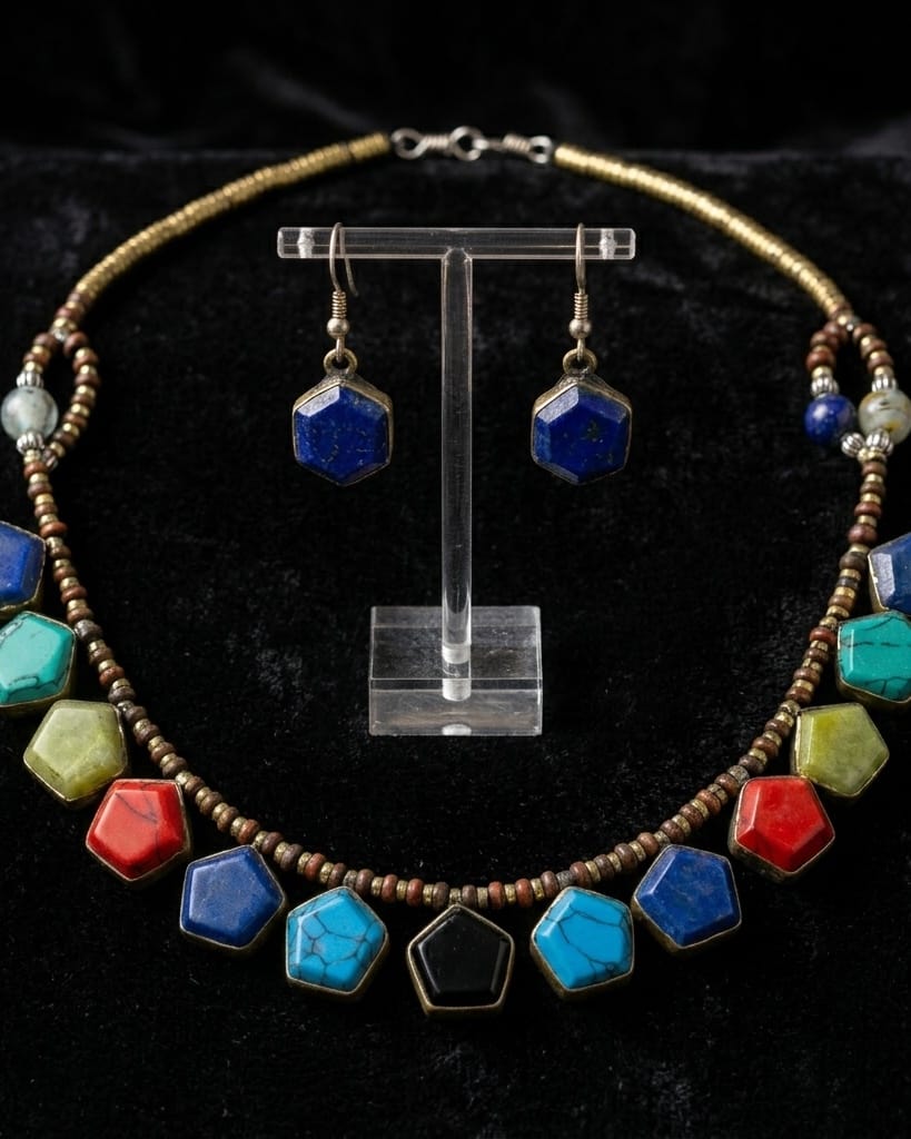 Geometric Multi-Stone Collar necklace with earrings