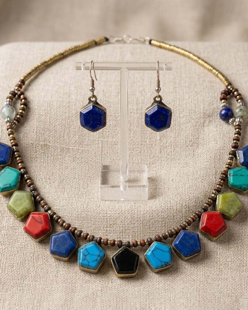 Geometric Multi-Stone Collar necklace with earrings