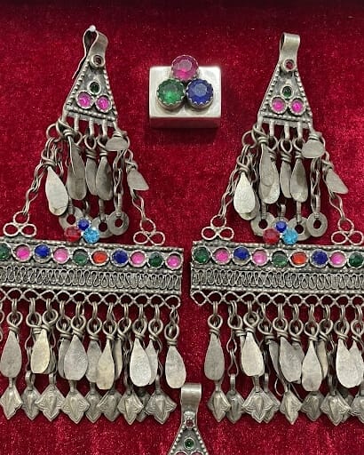 Hazaragi Tribal-Style Tassel Earrings with Radiant Gemstone Inlays