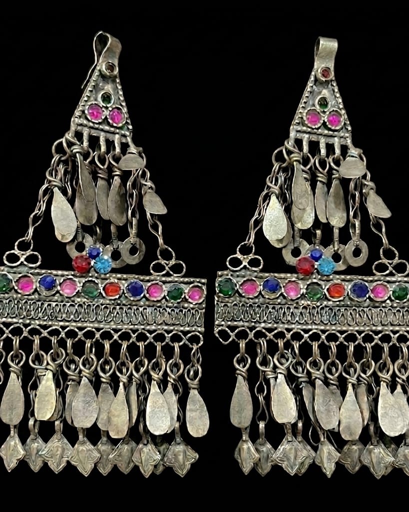 Hazaragi Tribal-Style Tassel Earrings with Radiant Gemstone Inlays