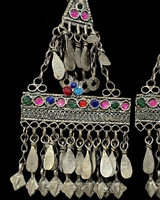 Hazaragi Tribal-Style Tassel Earrings with Radiant Gemstone Inlays