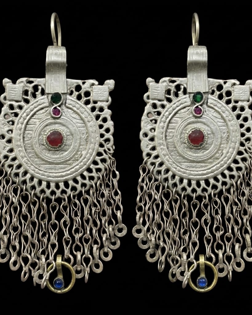 Antique-Inspired Tribal Fringe Earrings with Gemstone Accents