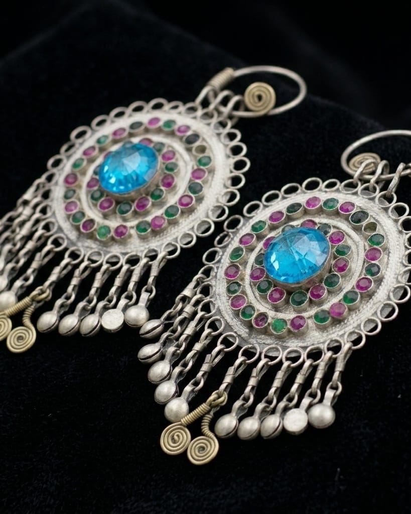 Tribal Earrings with Azure Crystal Center