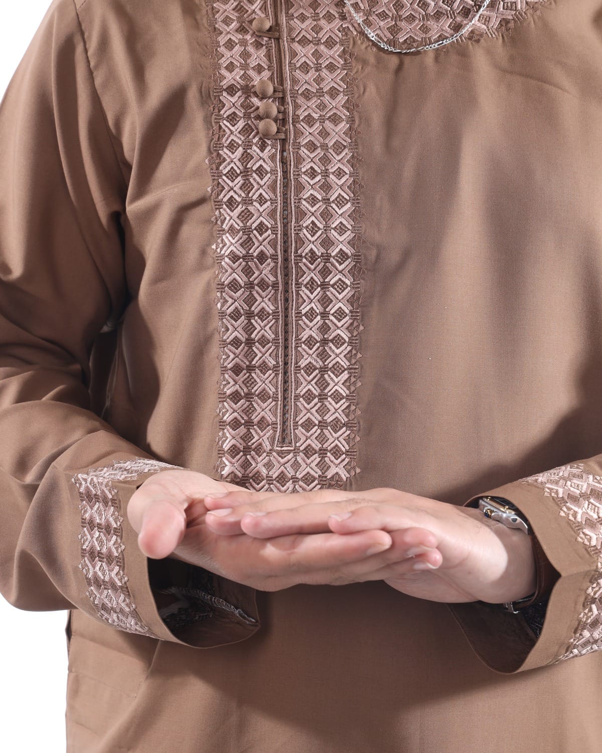 Men Qasimi Style Traditional Afghan Embroidered Outfit Perhran Tunban with Shawl (Light Brown)