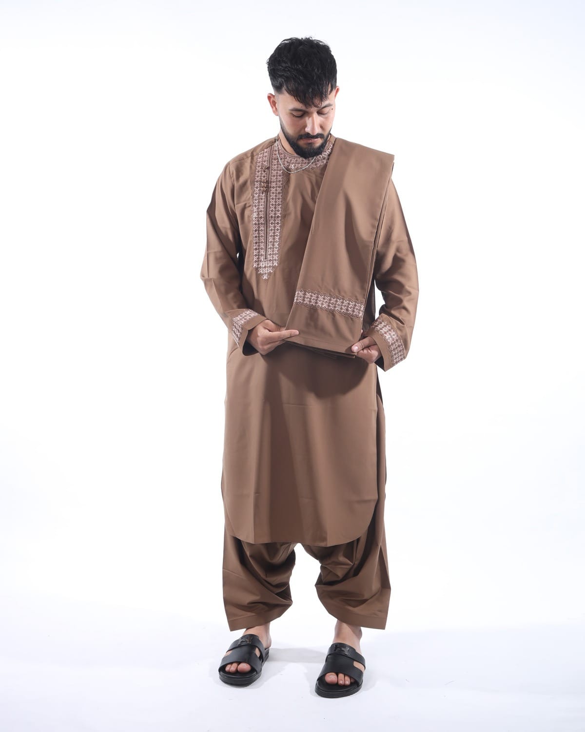 Men Qasimi Style Traditional Afghan Embroidered Outfit Perhran Tunban with Shawl (Light Brown)