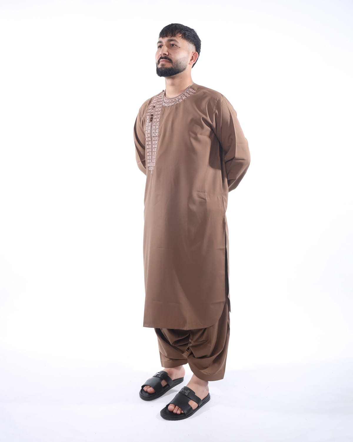 Men Qasimi Style Traditional Afghan Embroidered Outfit Perhran Tunban with Shawl (Light Brown)