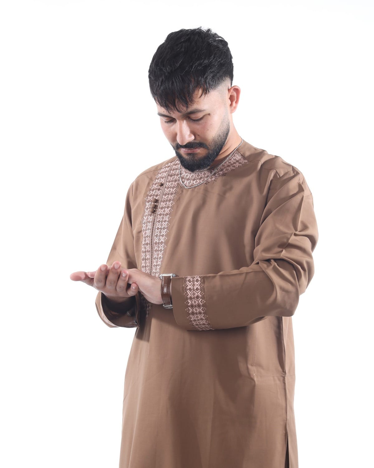 Men Qasimi Style Traditional Afghan Embroidered Outfit Perhran Tunban with Shawl (Light Brown)