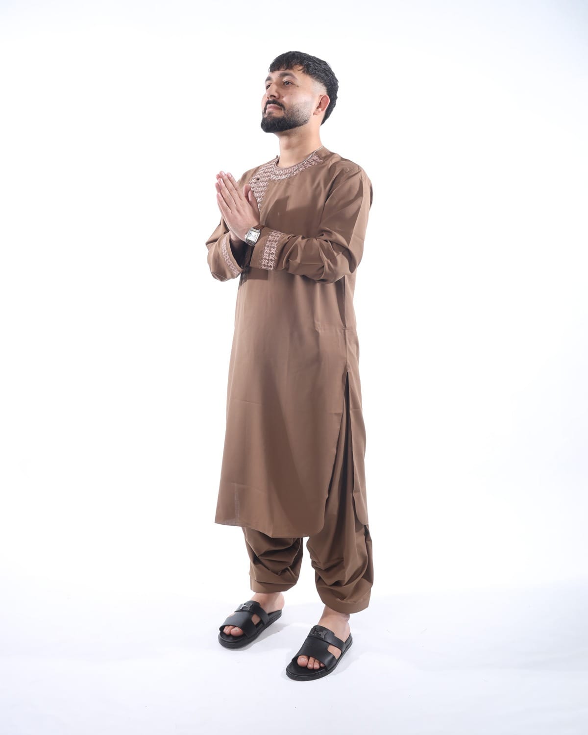Men Qasimi Style Traditional Afghan Embroidered Outfit Perhran Tunban with Shawl (Light Brown)