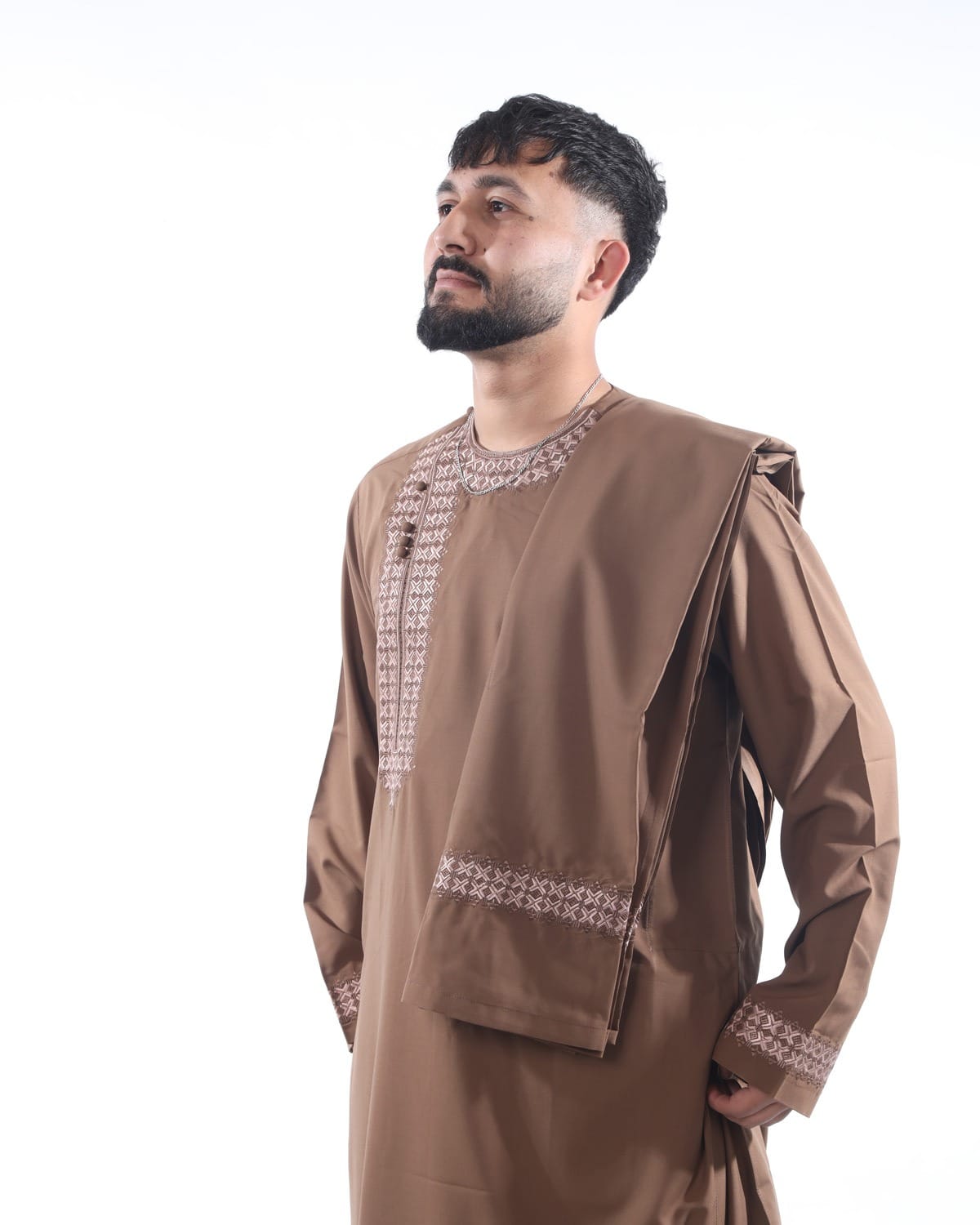Men Qasimi Style Traditional Afghan Embroidered Outfit Perhran Tunban with Shawl (Light Brown)
