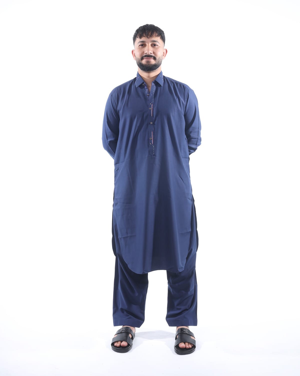 Men Collar Design Pehran Tumban Classic Afghan Outfit (Navy Blue)