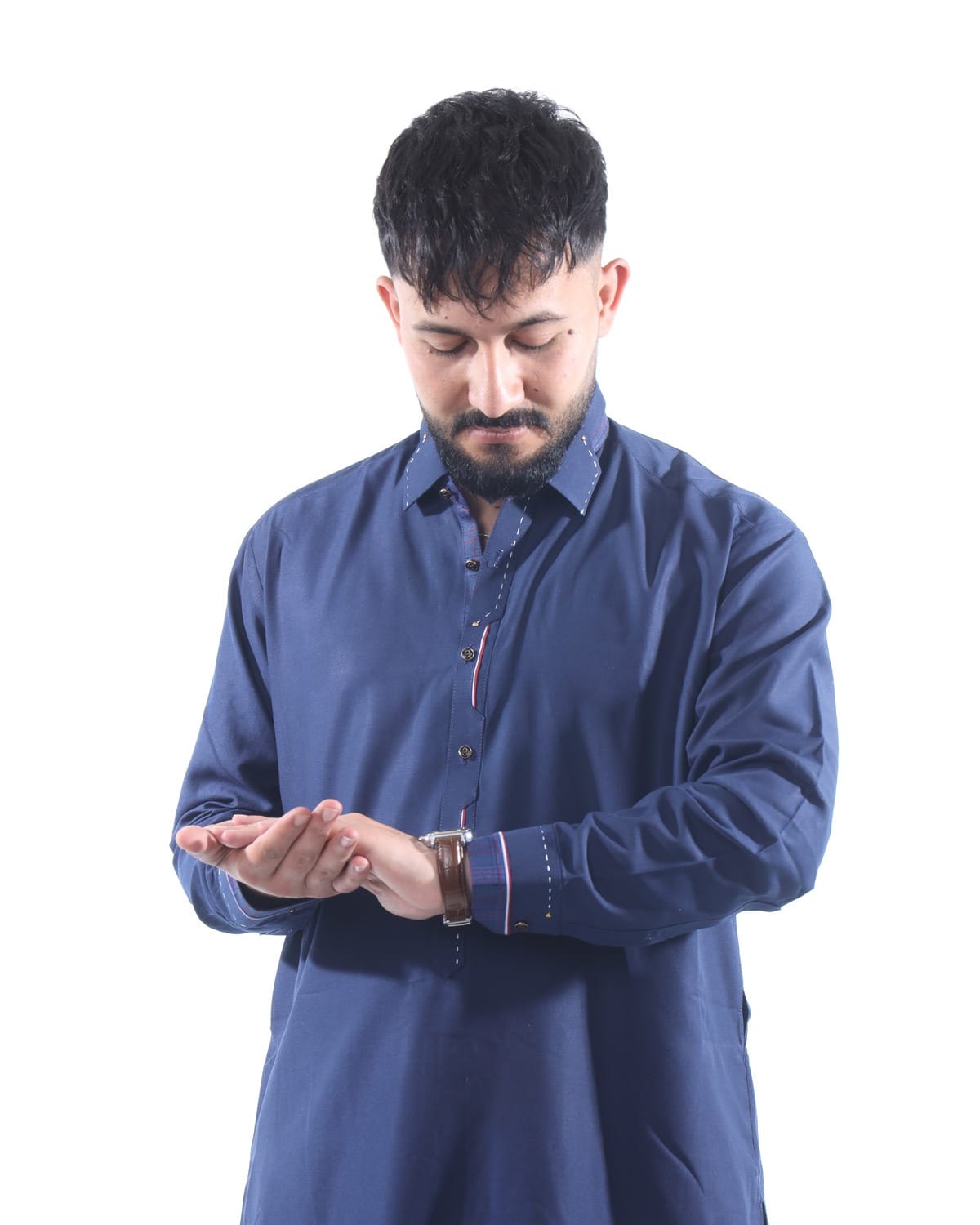 Men Collar Design Pehran Tumban Classic Afghan Outfit (Navy Blue)