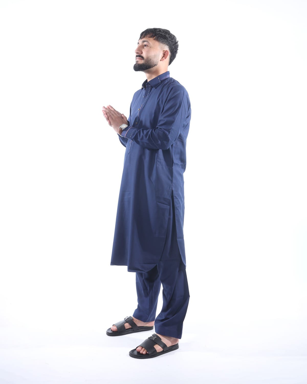 Men Collar Design Pehran Tumban Classic Afghan Outfit (Navy Blue)