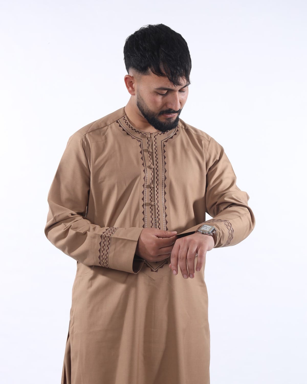 Men Arabic Style Pehran Tumban Afghani Outfit (Light Brown)
