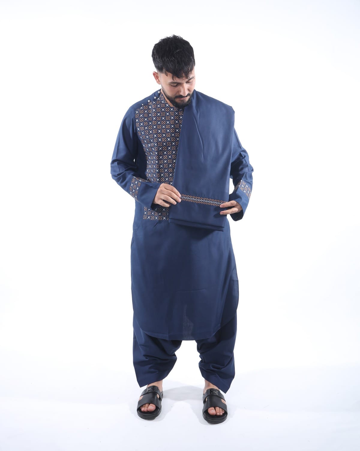 Men Afghani Embroidery Style Pehran Tumban Navy Blue Outfit