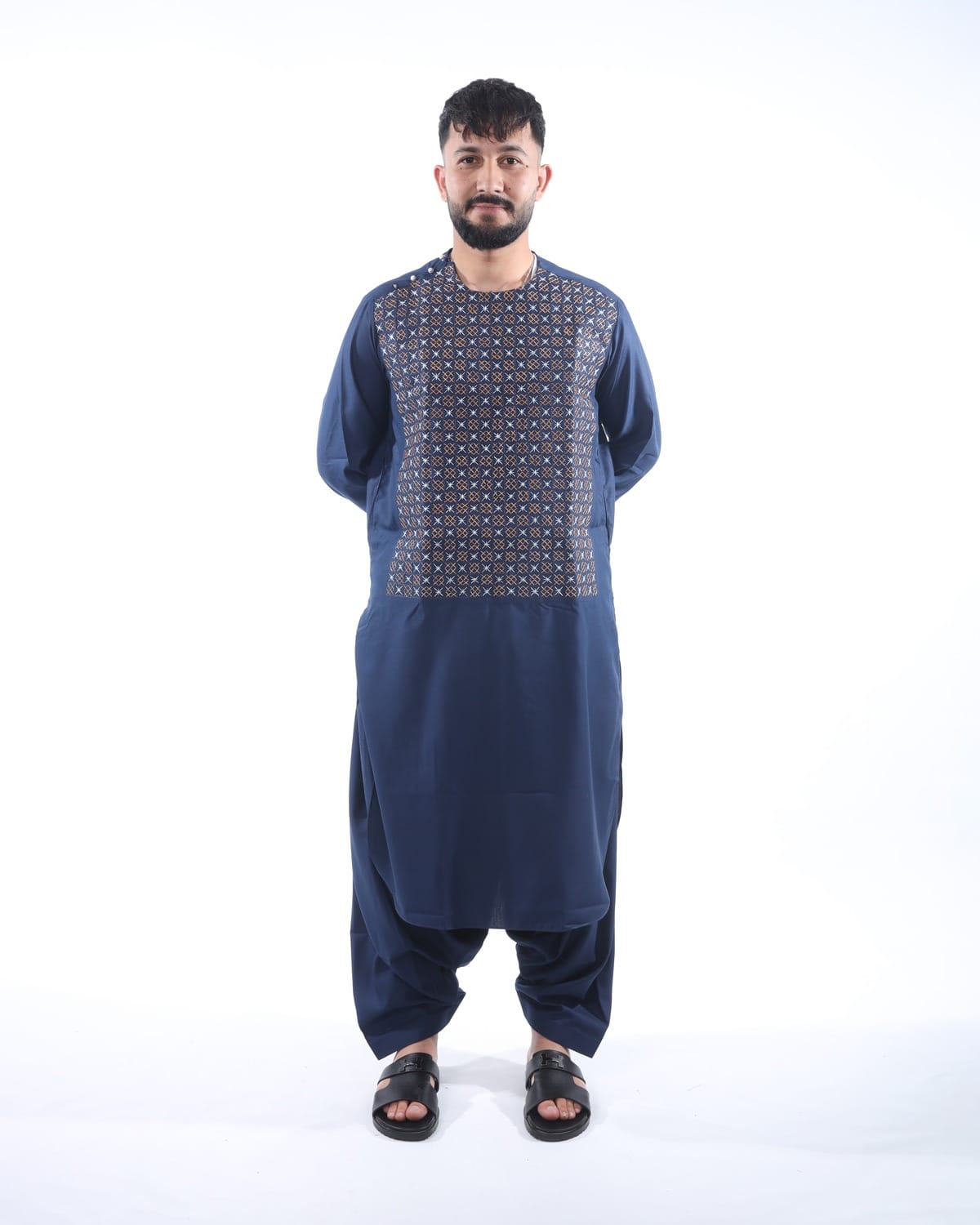 Men Afghani Embroidery Style Pehran Tumban Navy Blue Outfit