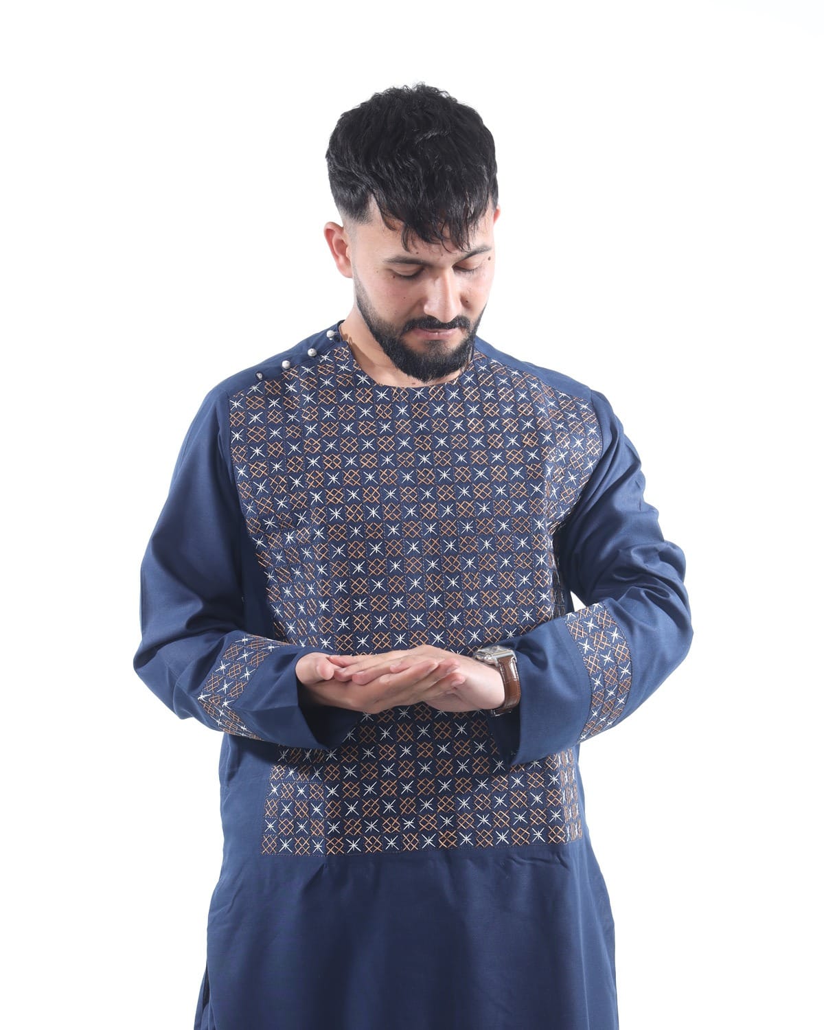 Men Afghani Embroidery Style Pehran Tumban Navy Blue Outfit