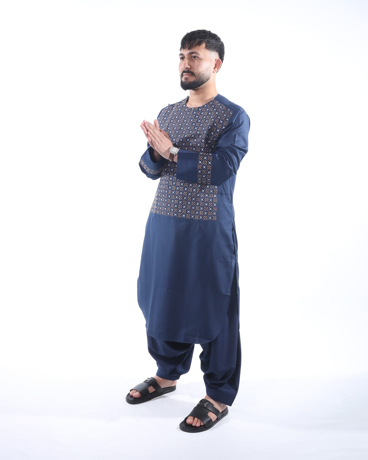 Men Afghani Embroidery Style Pehran Tumban Navy Blue Outfit
