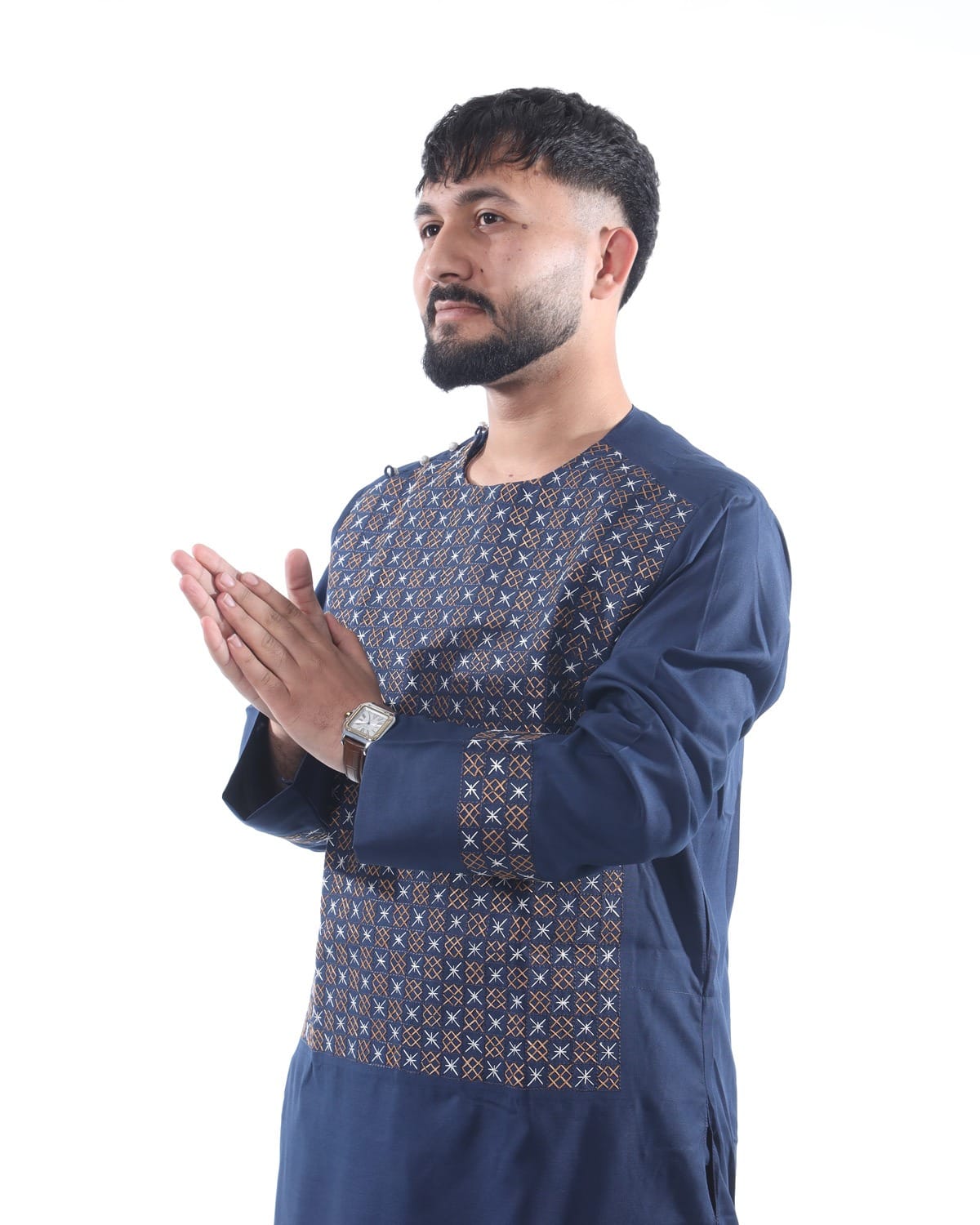 Men Afghani Embroidery Style Pehran Tumban Navy Blue Outfit