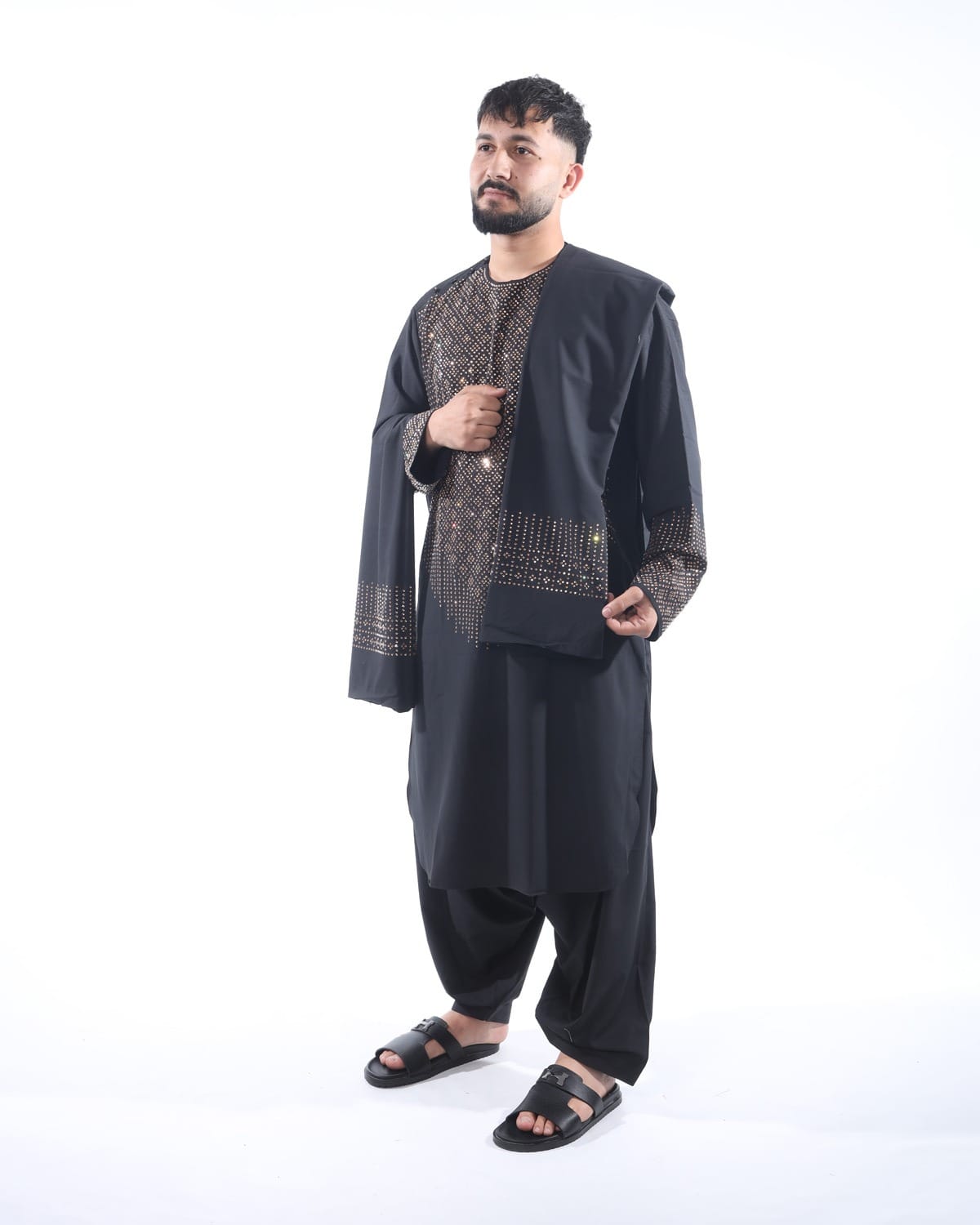 Afghani Men Crystal Embroidery Style Pehran Tumban Black Outfit