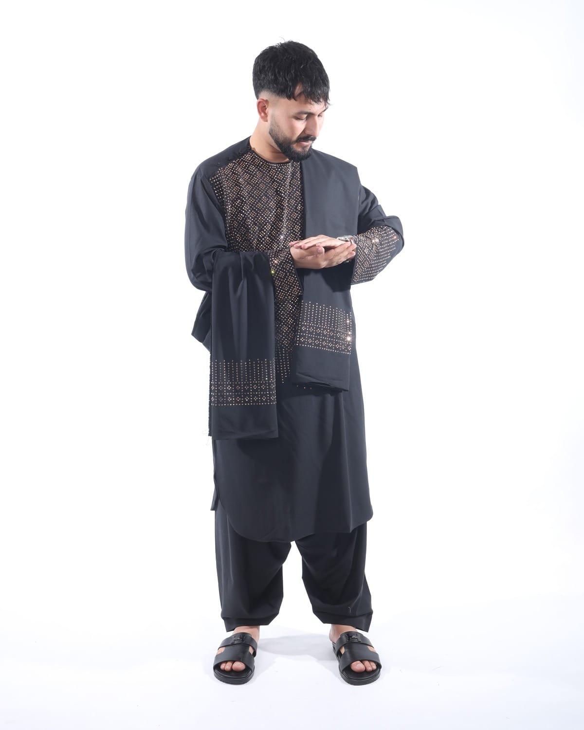 Afghani Men Crystal Embroidery Style Pehran Tumban Black Outfit