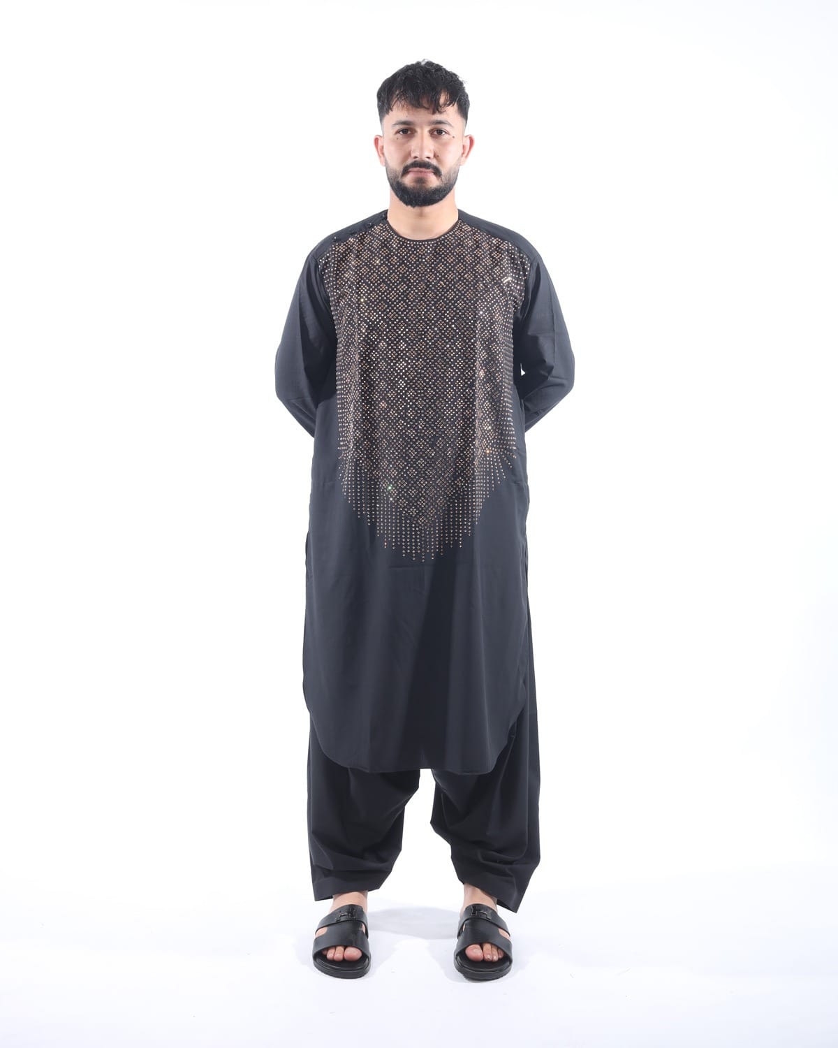 Afghani Men Crystal Embroidery Style Pehran Tumban Black Outfit
