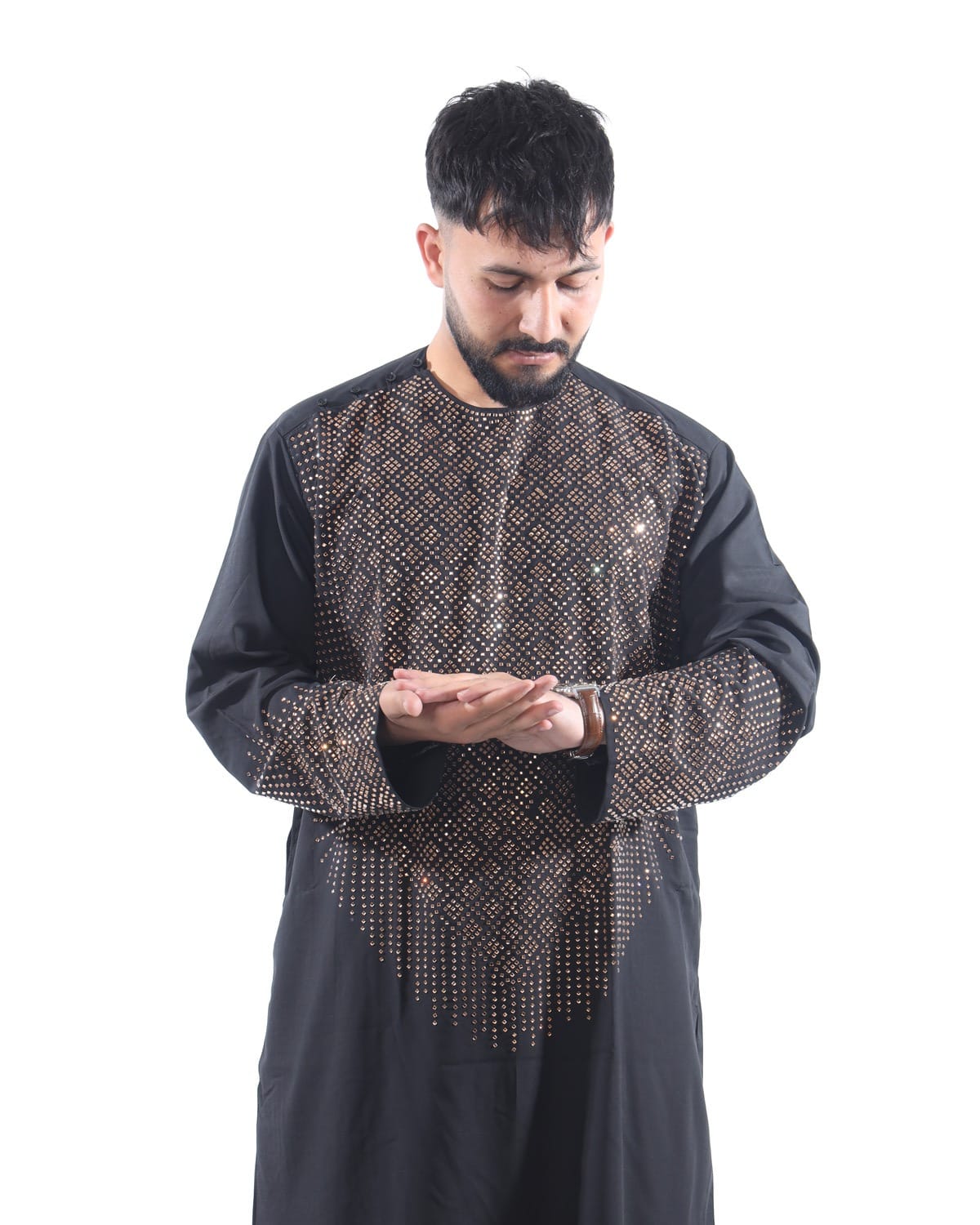 Afghani Men Crystal Embroidery Style Pehran Tumban Black Outfit