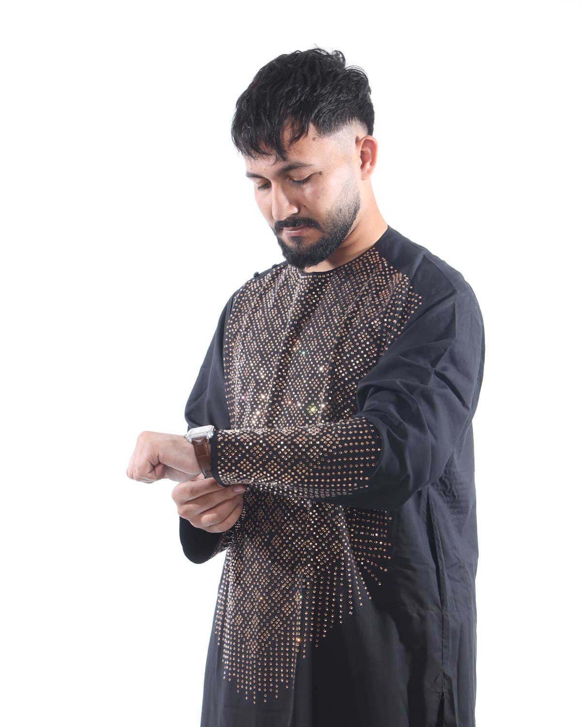 Afghani Men Crystal Embroidery Style Pehran Tumban Black Outfit