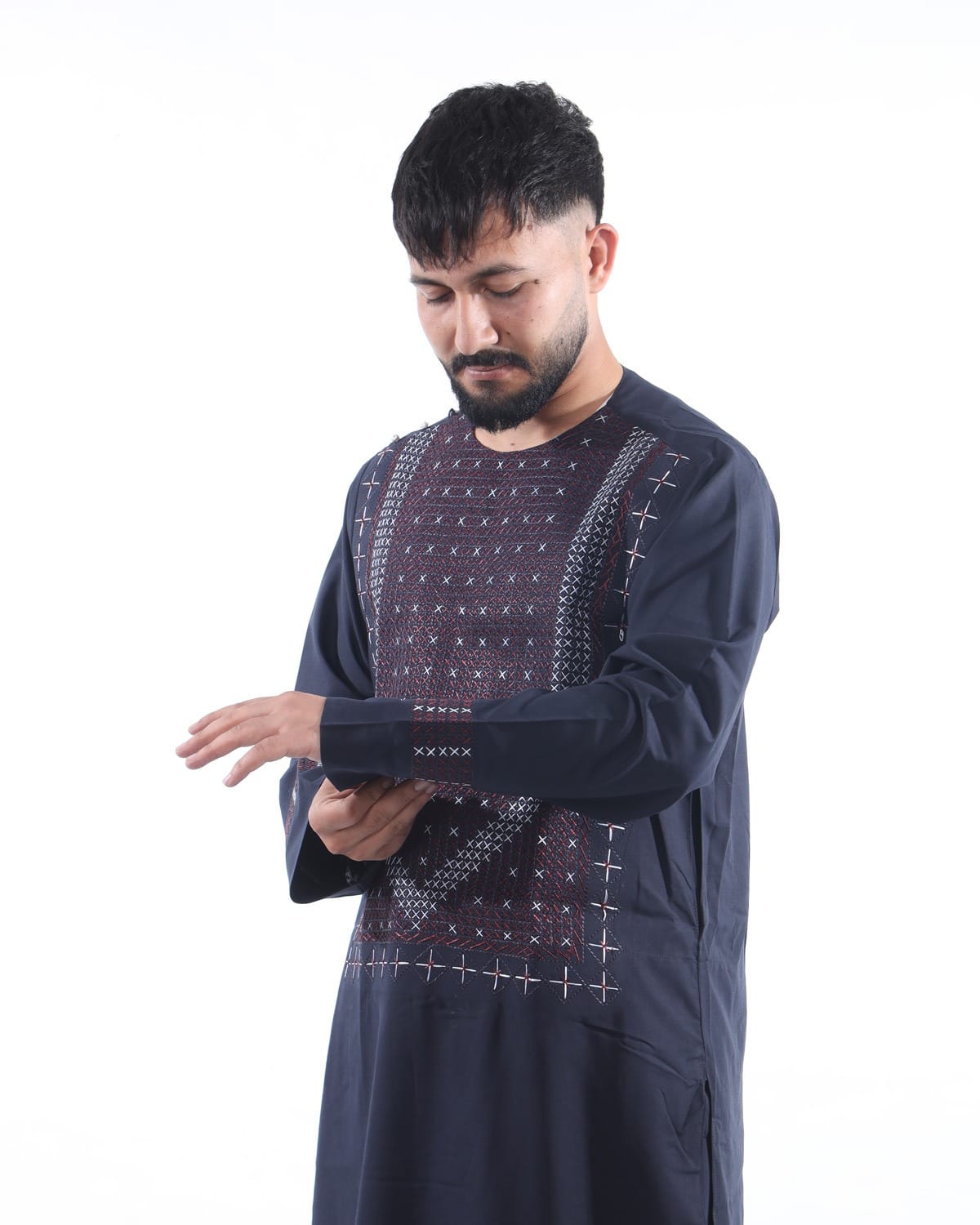 Men Embroidery Pehran Tumban Style Navy Blue Afghani Outfit
