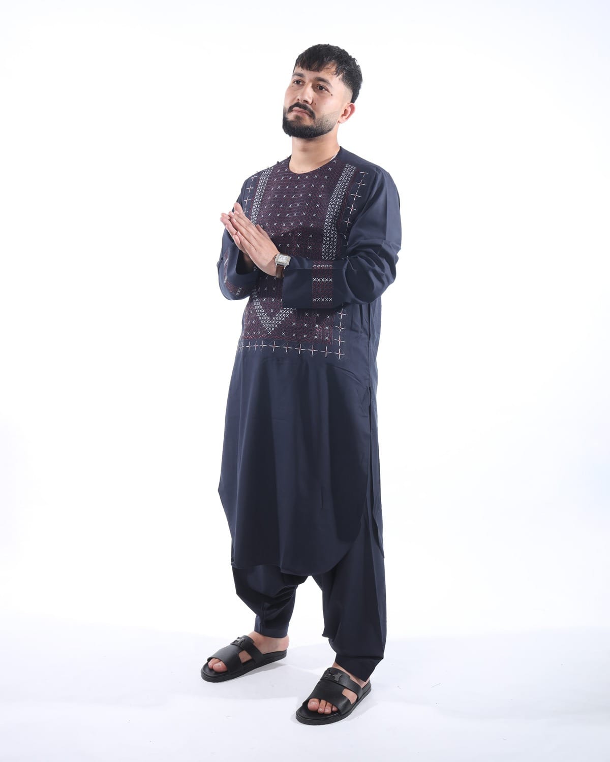 Men Embroidery Pehran Tumban Style Navy Blue Afghani Outfit