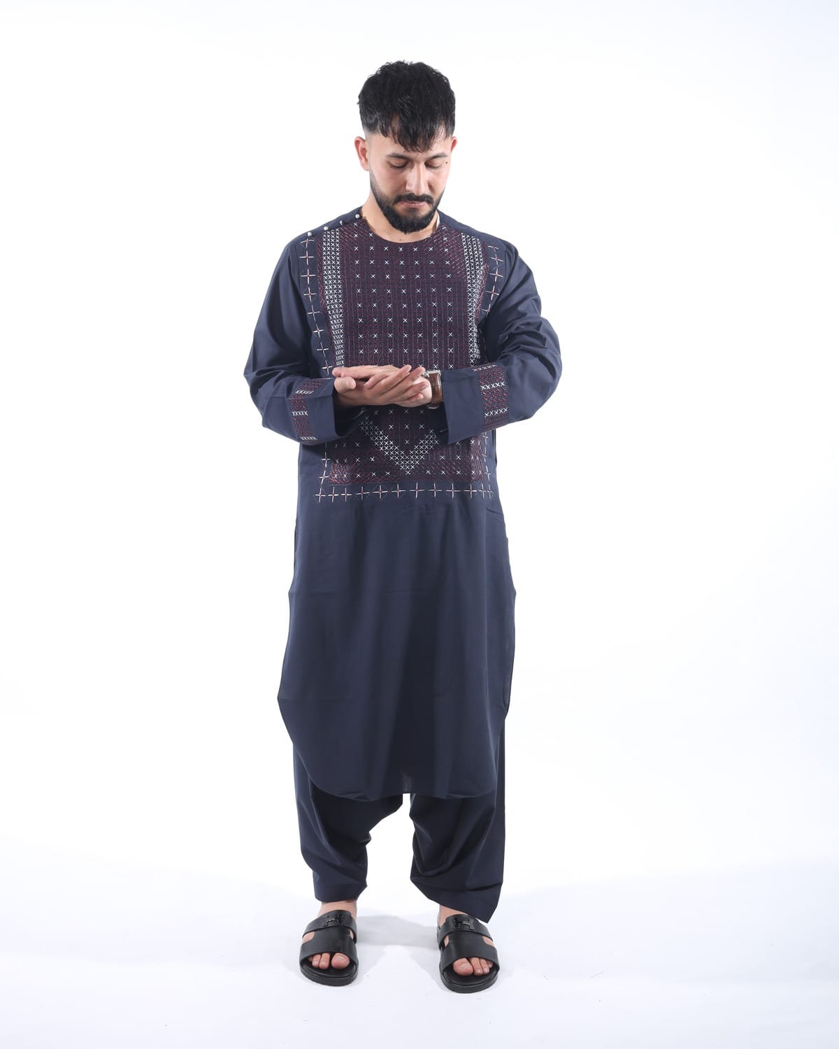 Men Embroidery Pehran Tumban Style Navy Blue Afghani Outfit