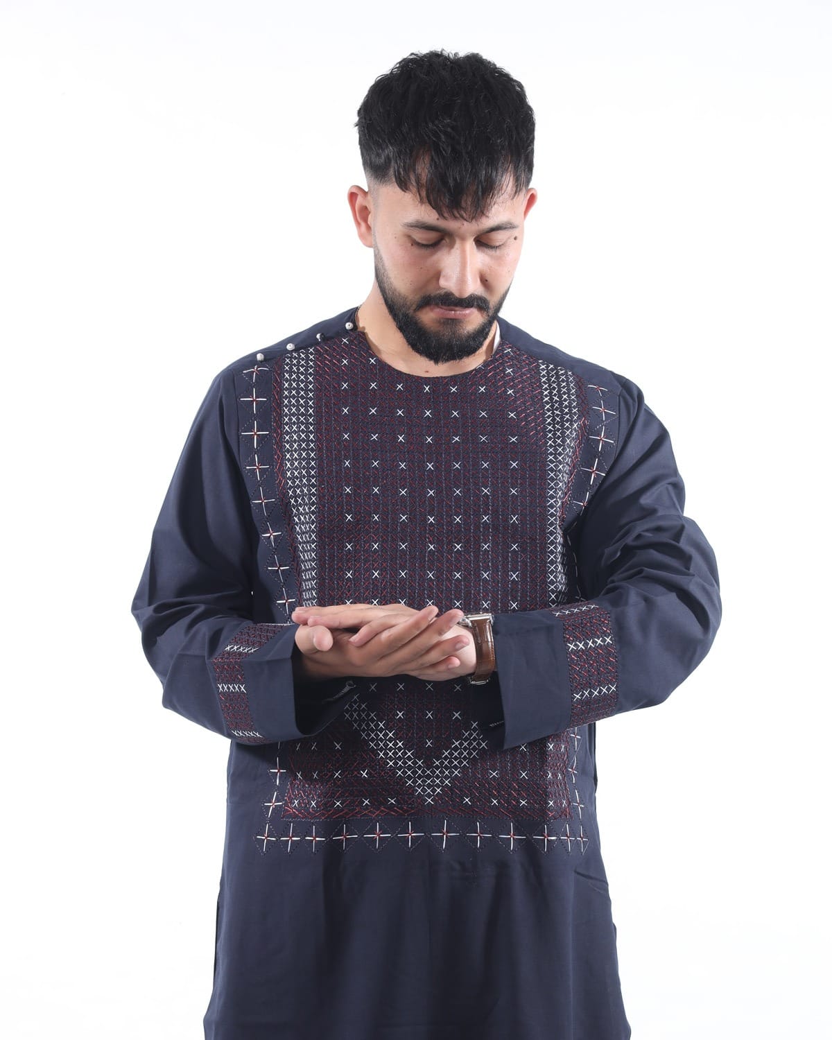 Men Embroidery Pehran Tumban Style Navy Blue Afghani Outfit
