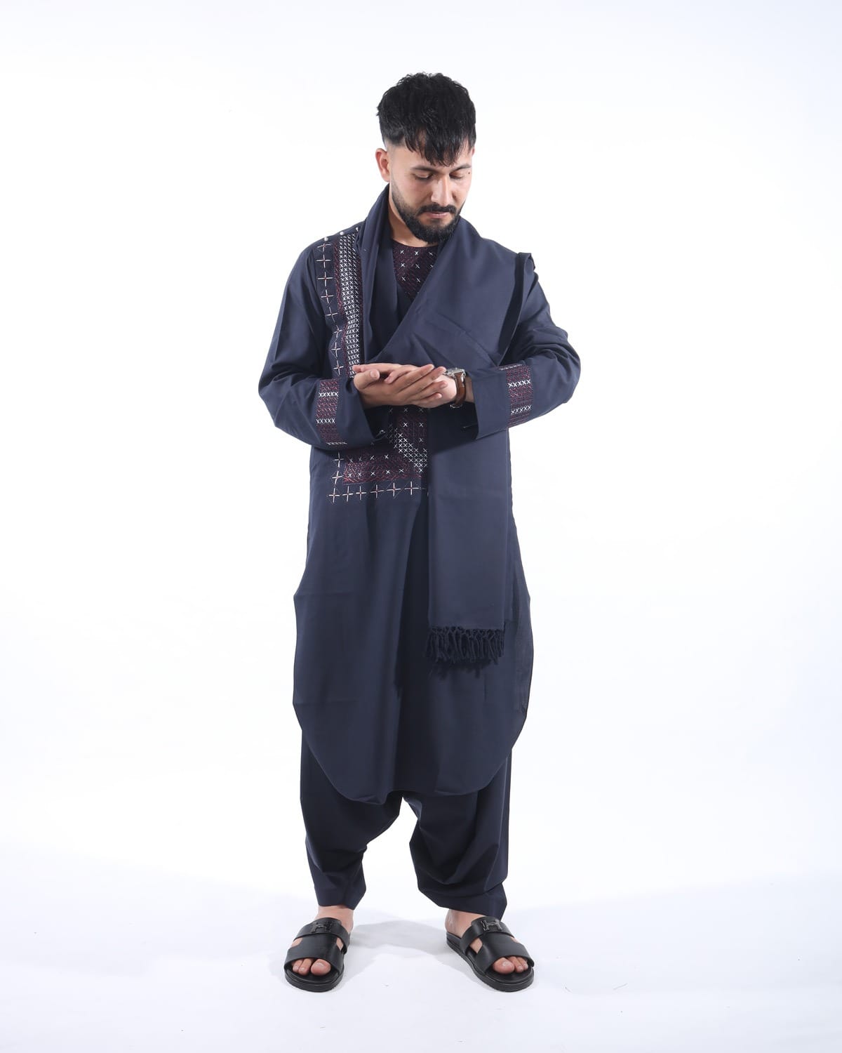 Men Embroidery Pehran Tumban Style Navy Blue Afghani Outfit