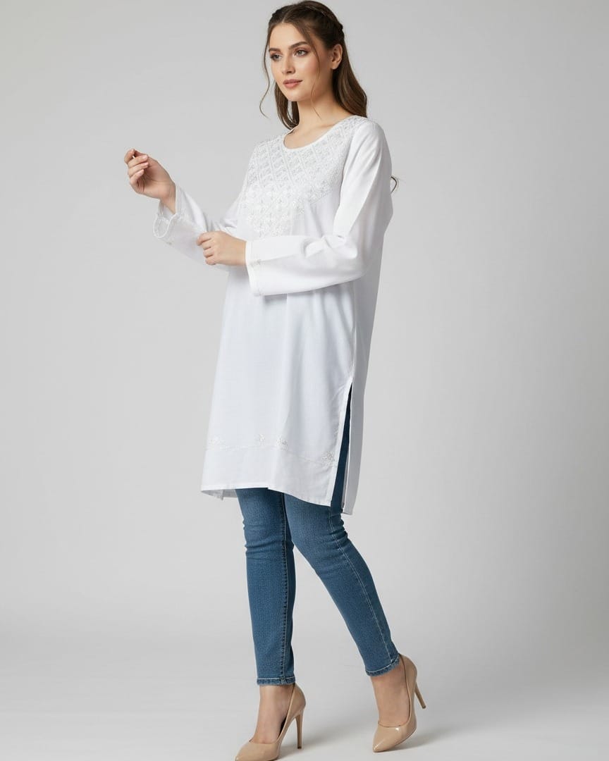 Classic White Cotton Top Dress with Fine Embroidery