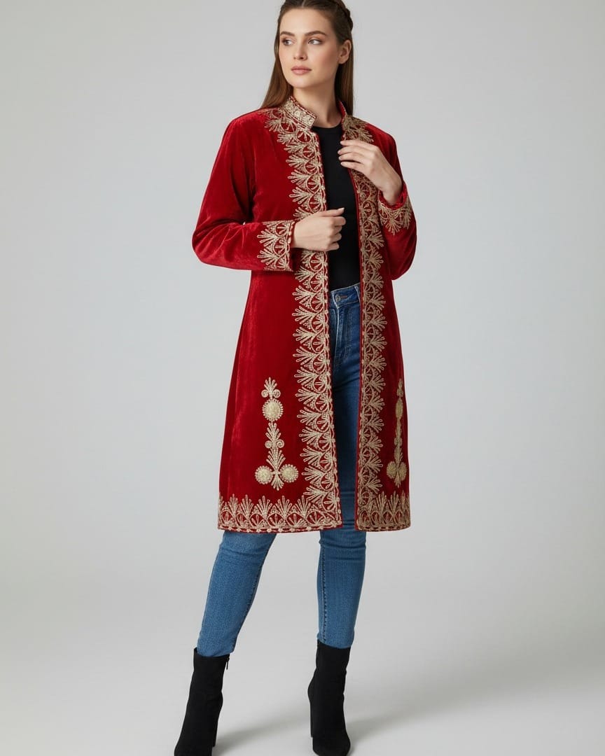 Deep Red Silk Gulabatoon Embroidered Coat Dress - Size for Women Coat: Large Deep Red Silk Gulabatoon Embroidered Coat Dress - Size for Women Coat: Large