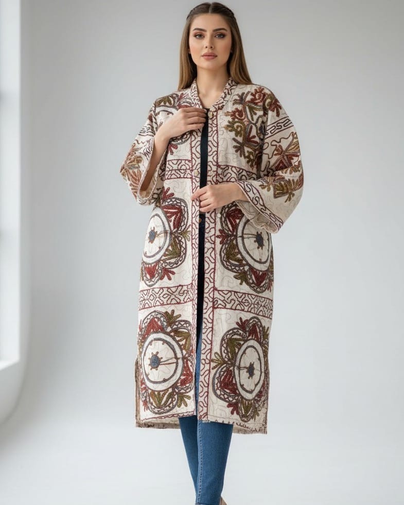 Ivory Embroidered Cotton Coat Nakh Zarin