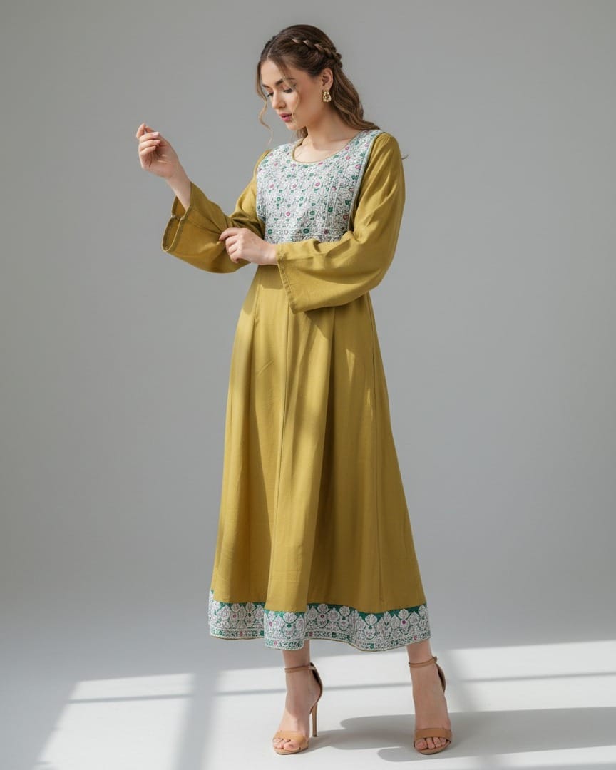 Yellow Afghan Dress with Hand Embroidered Maxi Elina